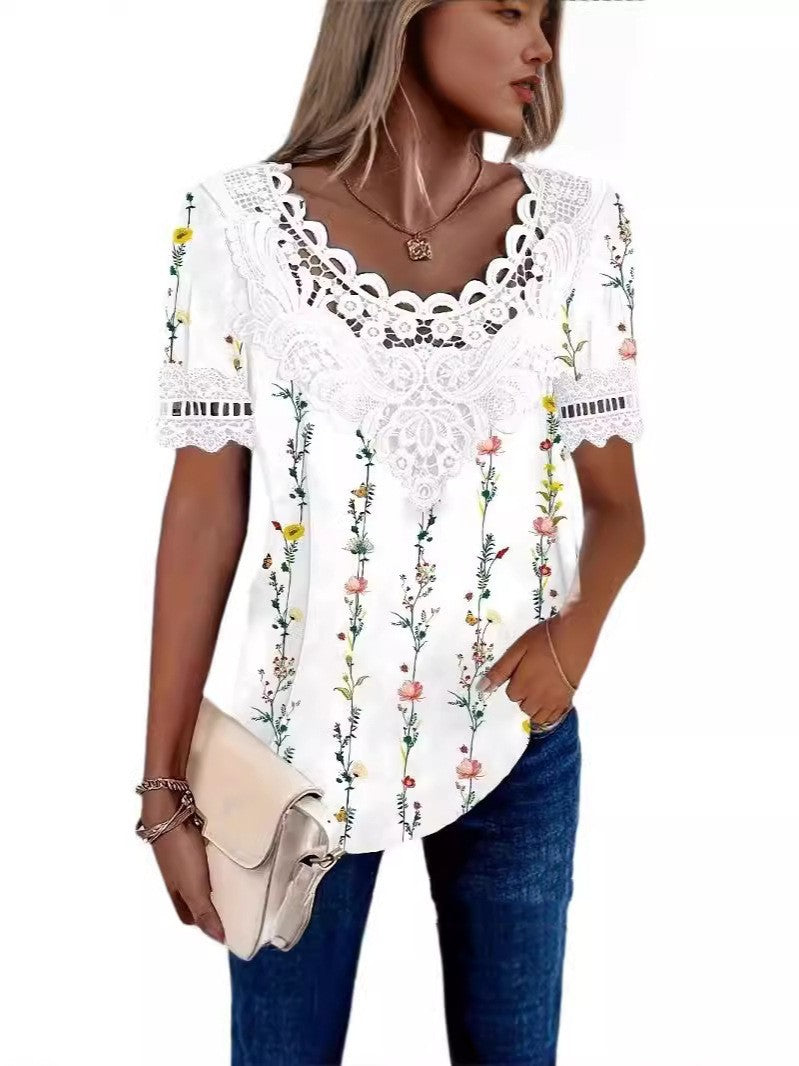 Elegant Casual Hollow Lace Women's T-shirt