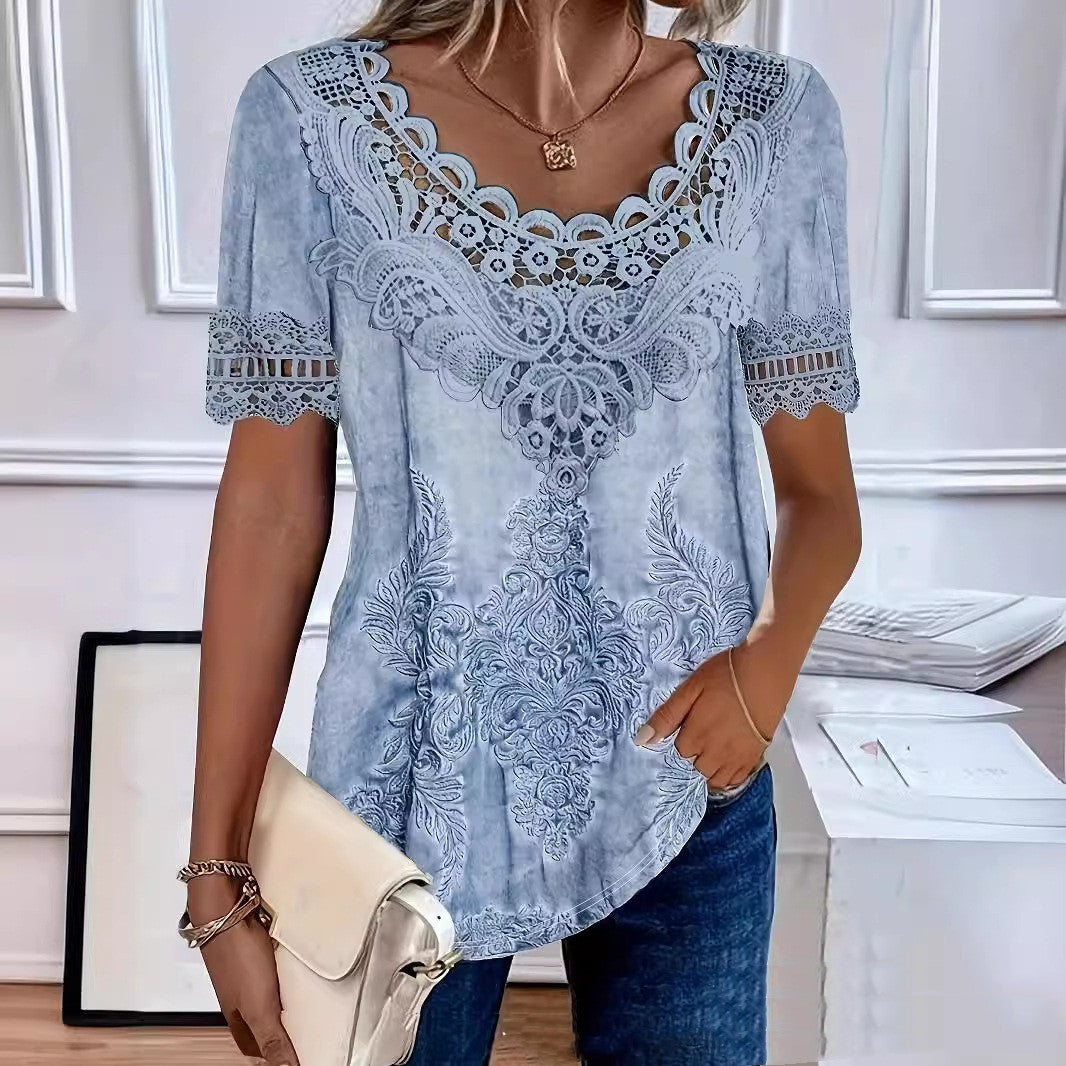 Elegant Casual Hollow Lace Women's T-shirt