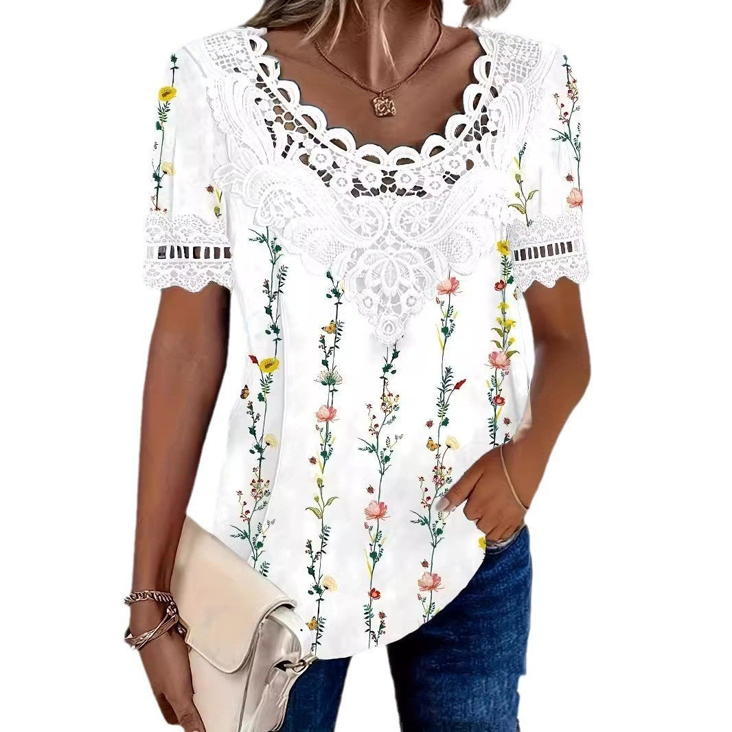 Elegant Casual Hollow Lace Women's T-shirt