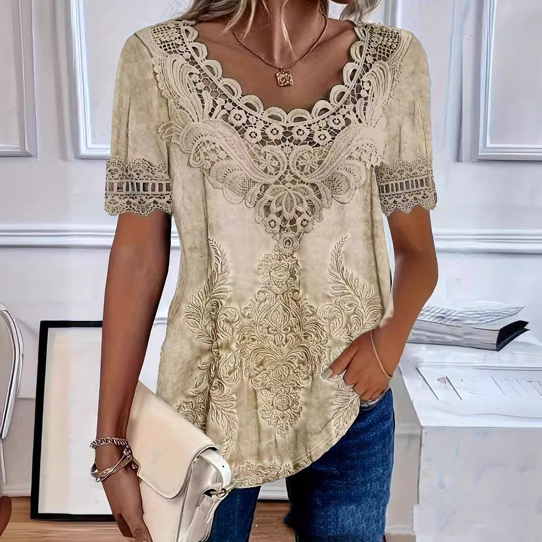 Elegant Casual Hollow Lace Women's T-shirt